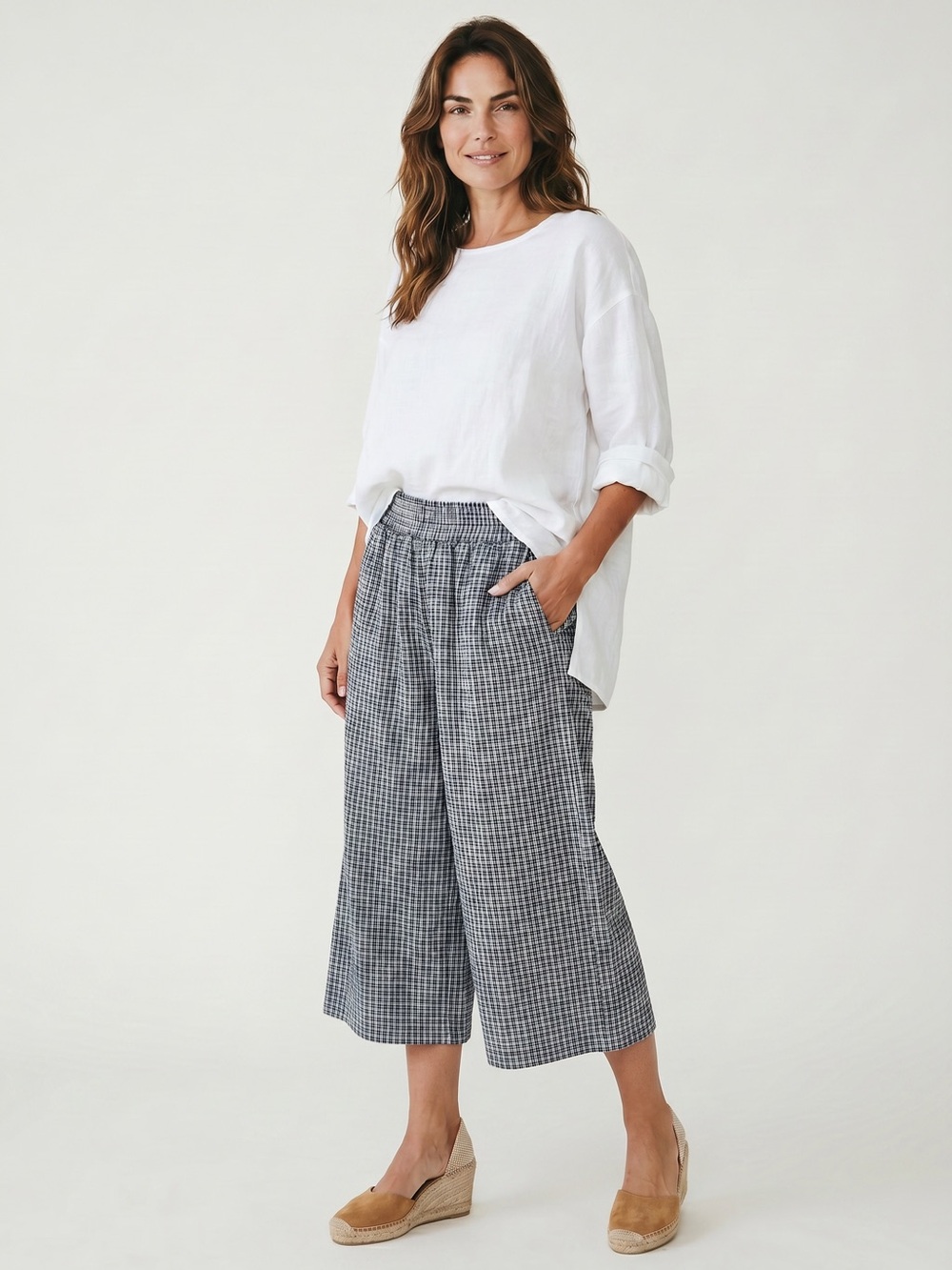 Mo:Vint Wide Leg Cropped Pants Size S Blue White Micro Gingham Pull On Waist - Picture 2 of 10